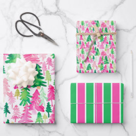 Preppy Pink und Green Christmas Trees Geschenkpapier Set