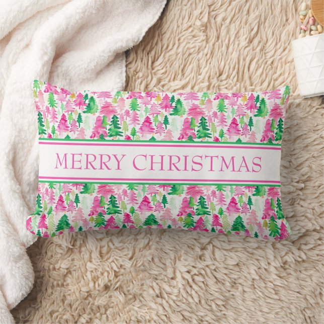 Preppy Pink und Green Christmas Trees Lendenkissen (Decke)