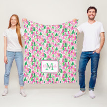Preppy Pink und Green Christmas Trees Monogram