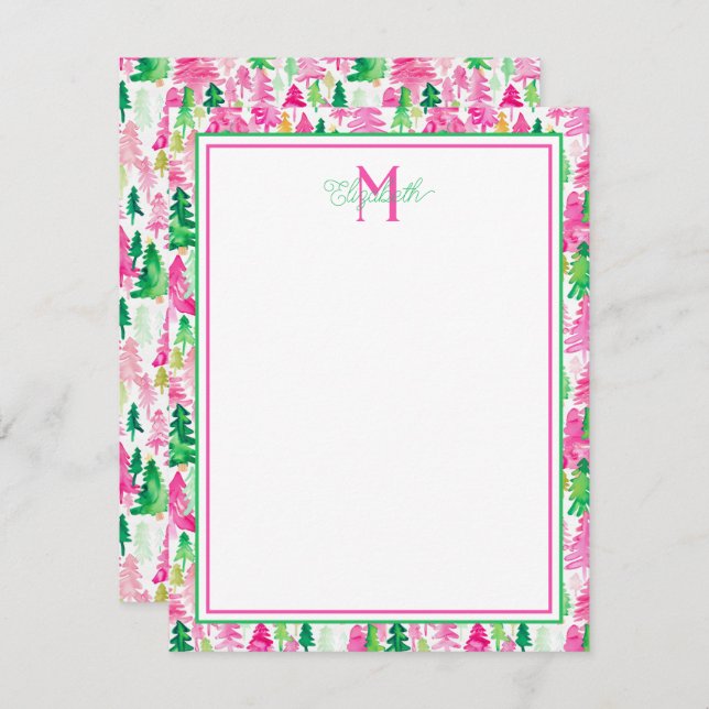 Preppy Pink und Green Christmas Trees Monogram Mitteilungskarte (Vorne/Hinten)