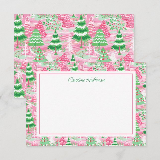 Preppy Pink und Green Christmas Trees Personalisie Dankeskarte (Vorne/Hinten)