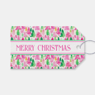 Preppy Pink und Green Christmas Trees Personalisie Geschenkanhänger
