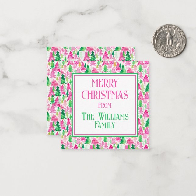 Preppy Pink und Green Christmas Trees Personalisie Mitteilungskarte (Vorderseite/Rückseite Beispiel)