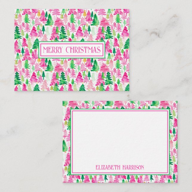 Preppy Pink und Green Christmas Trees Personalisie Mitteilungskarte (Vorne/Hinten)