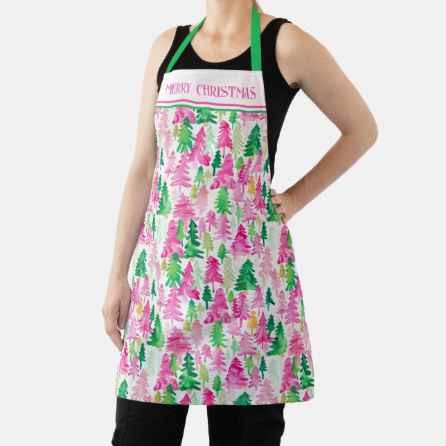 Preppy Pink und Green Christmas Trees Personalisie Schürze (InSitu)