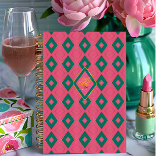 Preppy Pink und Green Diamond Motif Mit Monogramm Notizbuch
