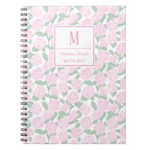 Preppy Pink und Green Hydrangeas Monogram Notizblock