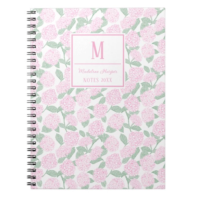 Preppy Pink und Green Hydrangeas Monogram Notizblock (Vorderseite)