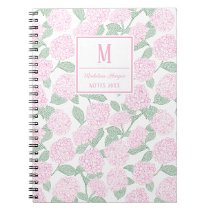 Preppy Pink und Green Hydrangeas Monogram Notizblock
