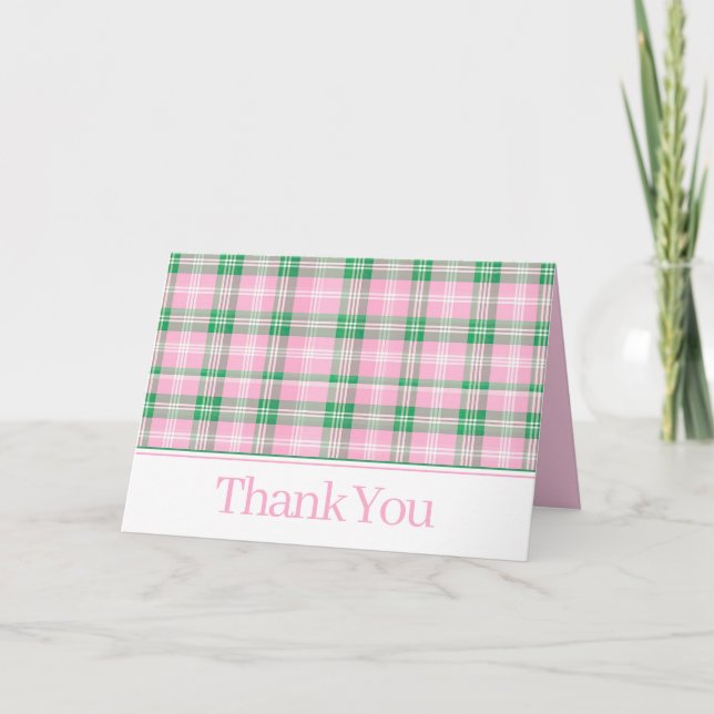 Preppy Pink und Green Kariert Monogram Dankeskarte (Vorderseite)