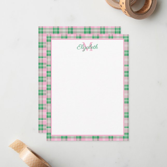 Preppy Pink und Green Kariert Monogram Mitteilungskarte (Vorderseite/Rückseite Beispiel)