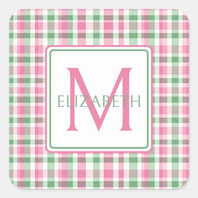 Preppy Pink und Green Kariert Monogram Quadratischer Aufkleber (Vorderseite)