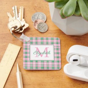 Preppy Pink und Green Kariert Monogram Schlüsselanhänger