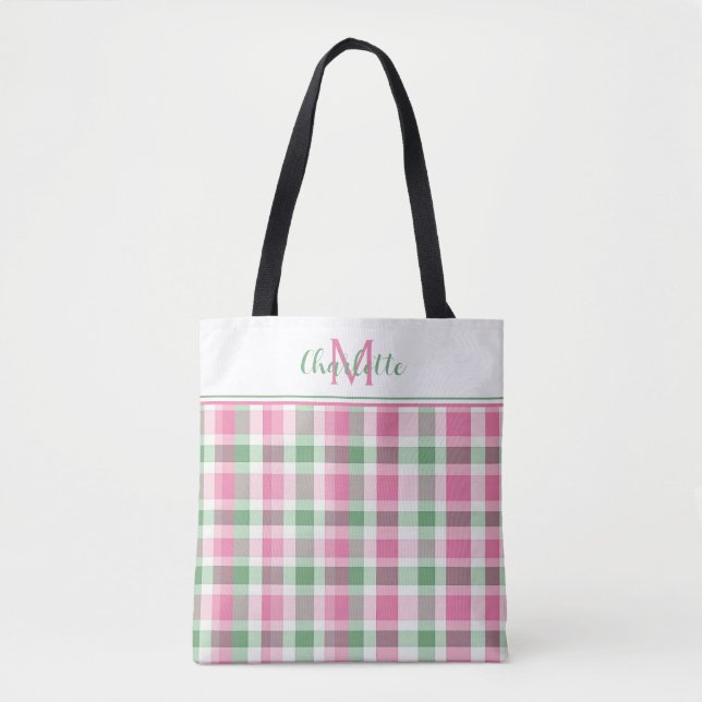 Preppy Pink und Green Kariert Monogram Tasche (Vorderseite)