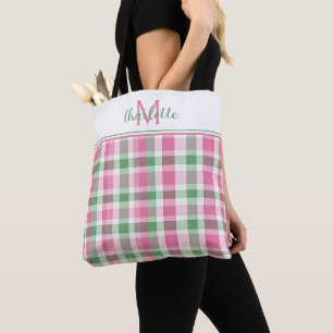 Preppy Pink und Green Kariert Monogram Tasche