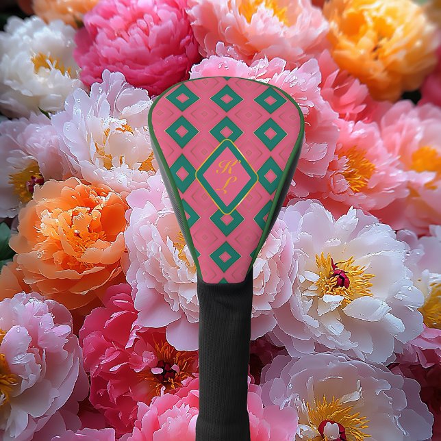 Preppy Pink und Green Mit Monogramm Diamond Motif Golf Headcover (Preppy Pink and Green Diamond Motif Golf Head Cover)