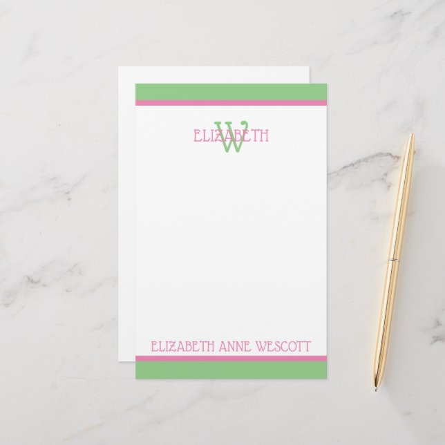 Preppy Pink und Green Monogram Briefpapier (Vorderseite/Rückseite Beispiel)