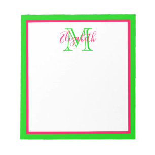 Preppy Pink und Green Monogram Notizblock