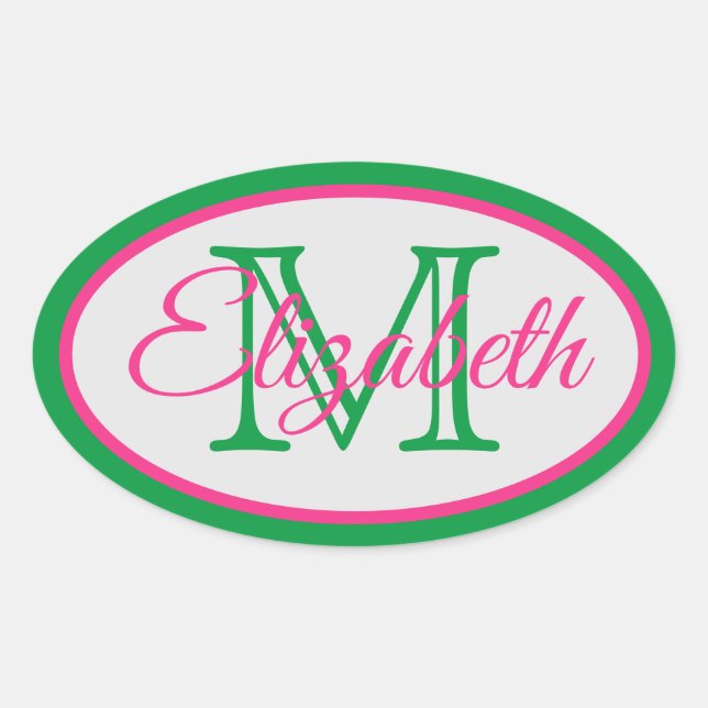 Preppy Pink und Green Monogram Ovaler Aufkleber (Vorderseite)