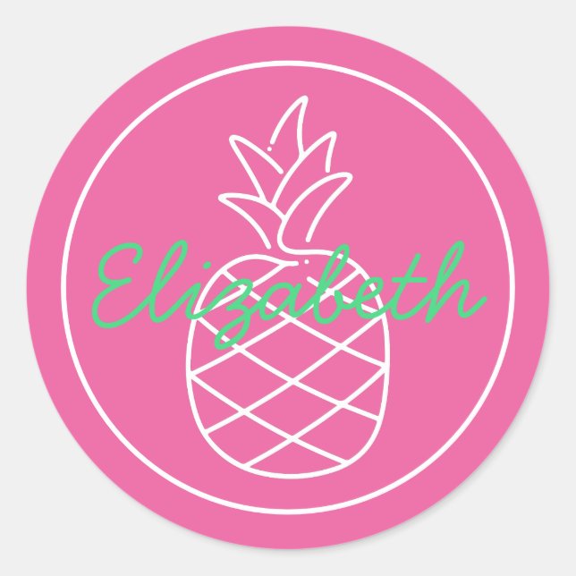 Preppy Pink und Green Pineapa Personalisiert Runder Aufkleber (Vorderseite)