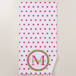 Preppy Pink und Green Polka Dot Monogram Strandtuch