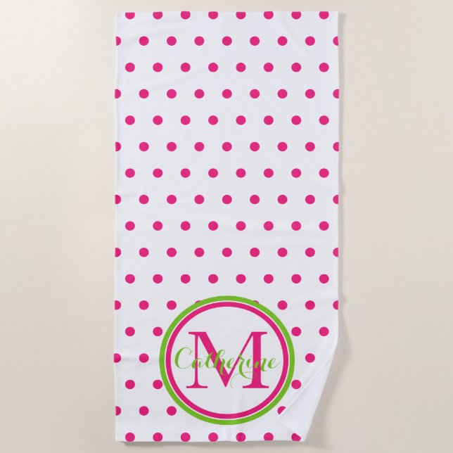 Preppy Pink und Green Polka Dot Monogram Strandtuch (Vorderseite)