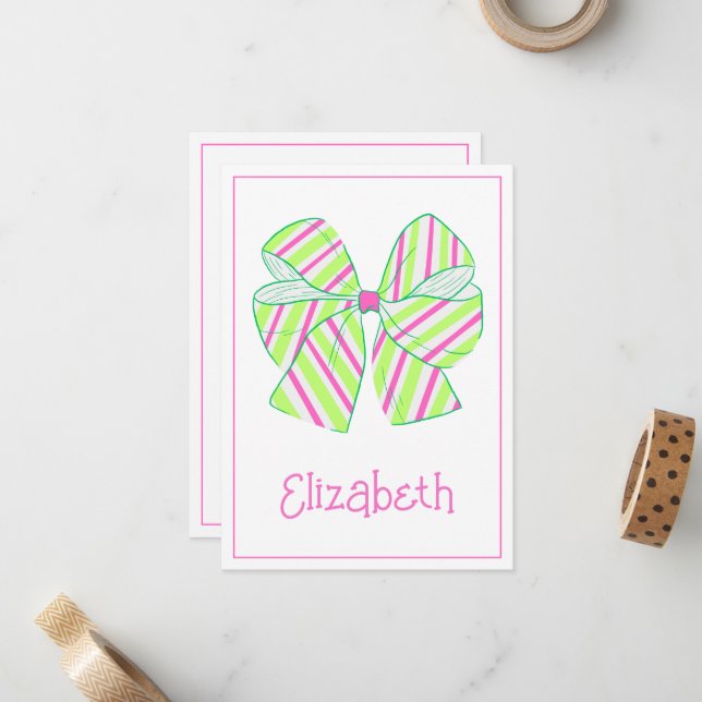 Preppy Pink und Green Strick Bow Personalisiert Mitteilungskarte (Vorderseite/Rückseite Beispiel)