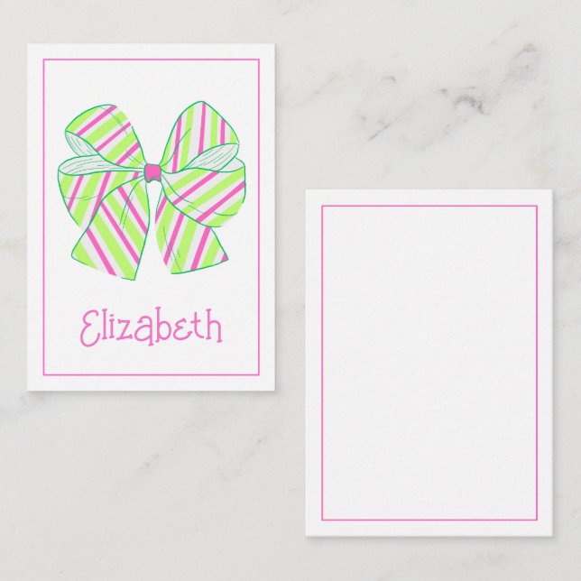 Preppy Pink und Green Strick Bow Personalisiert Mitteilungskarte (Vorne/Hinten)