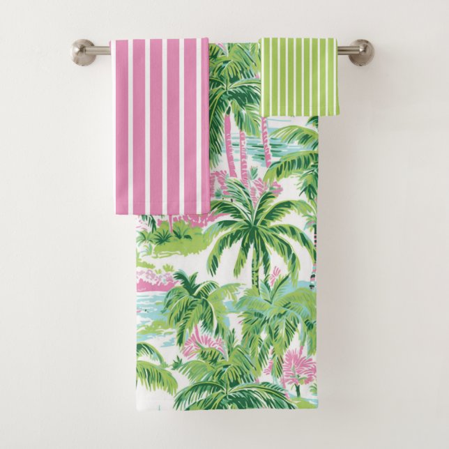 Preppy Pink und Green Tropical Palm Tree Badhandtuch Set (Insitu)