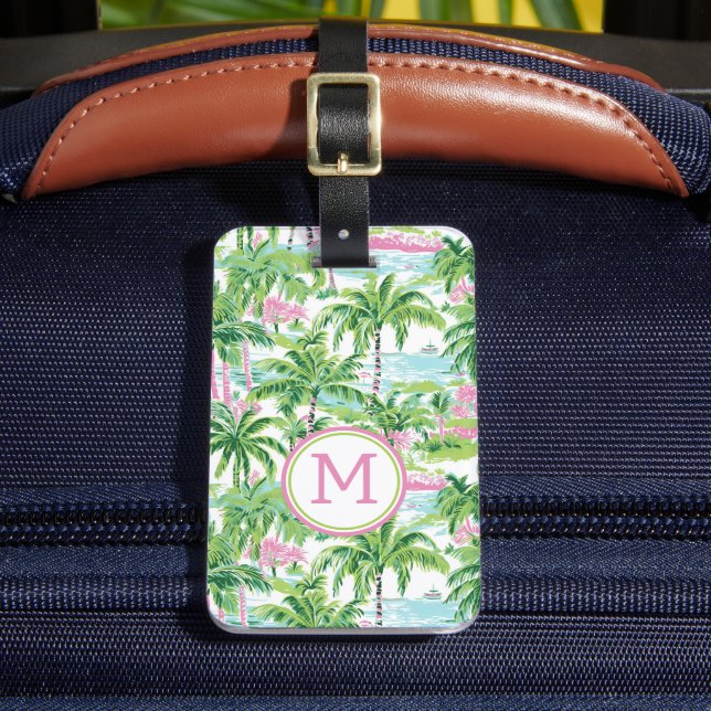 Preppy Pink und Green Tropical Palm Tree Gepäckanhänger (Vorderseite Insitu 2)