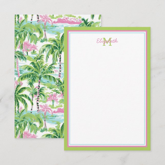 Preppy Pink und Green Tropical Palm Tree Mitteilungskarte (Vorne/Hinten)
