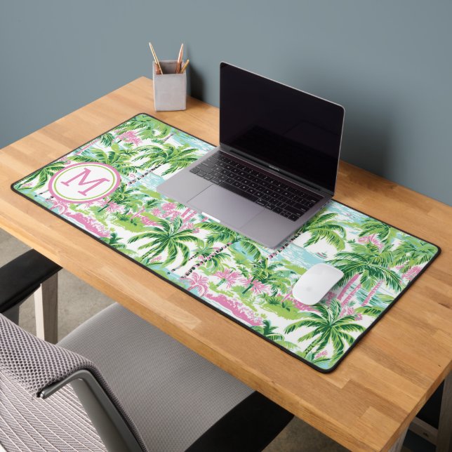 Preppy Pink und Green Tropical Palm Tree Monogram Schreibtischunterlage (Büro 2)