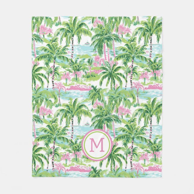 Preppy Pink und Green Tropical Palm Trees Monogram Fleecedecke (Vorderseite)