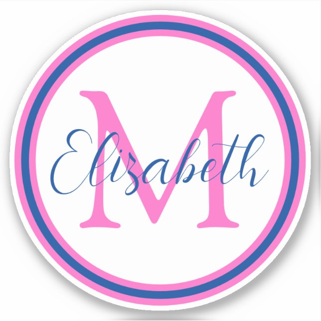 Preppy Pink und Navy Blue Monogram Aufkleber (Vorderseite)