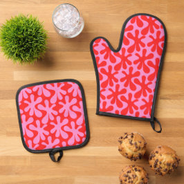 Preppy Pink und Red Amoeba Modernes Muster Ofenhandschuh & Topflappen-Set