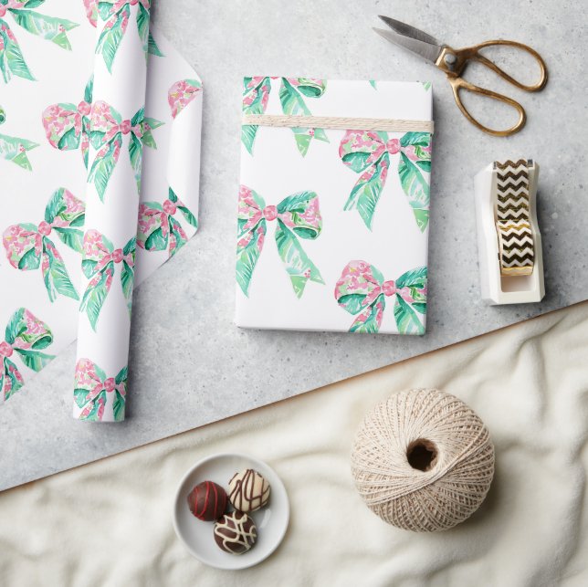Preppy Pink und Türkis Blumen Bows Geschenkpapier (Kunsthandwerk)