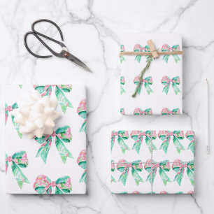 Preppy Pink und Türkis Blumen Bows Geschenkpapier Set