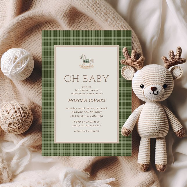 Preppy Plaid Rocking Horse Baby Shower Einladung (Von Creator hochgeladen)