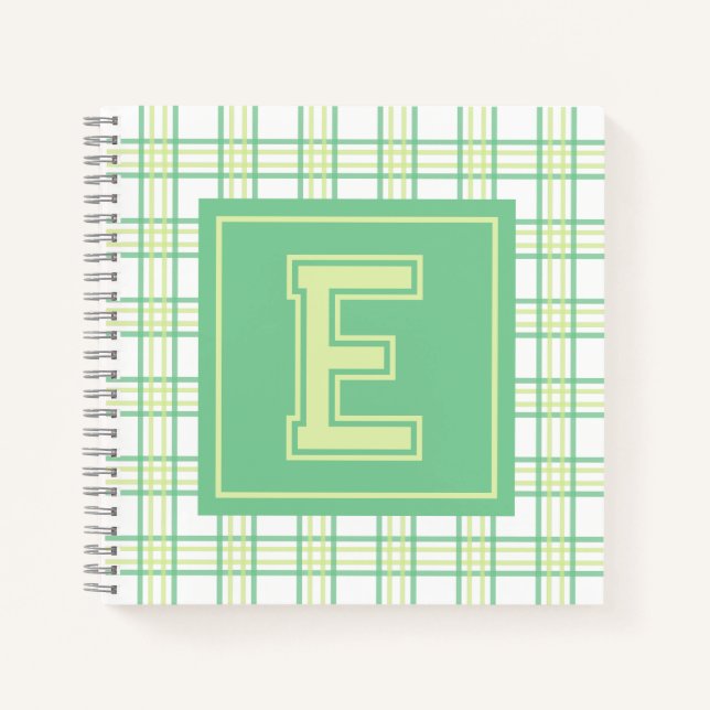 Preppy Plaid Varsity Monogram Green Lime Square Notizbuch (Vorderseite)