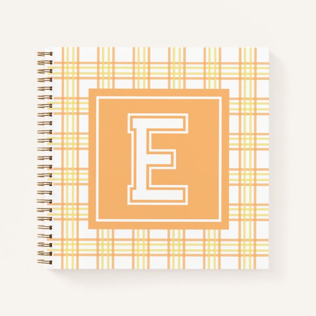 Preppy Plaid Varsity Monogram Orange Yellow Square Notizbuch (Vorderseite)