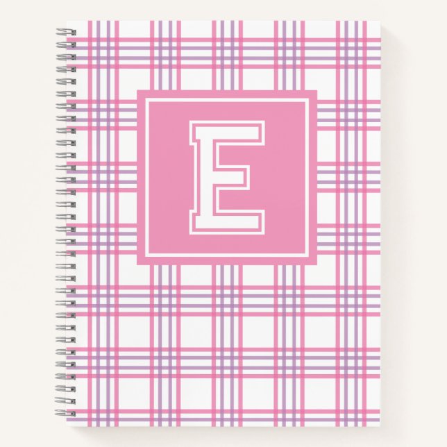 Preppy Plaid Varsity Monogram Pink Purple Notizbuch (Vorderseite)