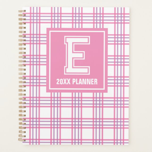 Preppy Plaid Varsity Monogram Pink Purple Planer (Vorderseite)