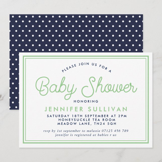 Preppy Polka Modern Baby Shower Einladung (Vorne/Hinten)