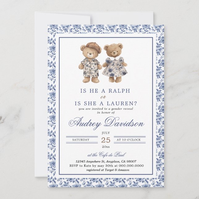 Preppy Polo Bear Chinoiserie Floral Gender Reveal  Einladung (Vorderseite)