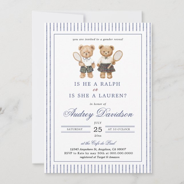 Preppy Polo Bear Lauren or Ralph Gender Reveal  Einladung (Vorderseite)