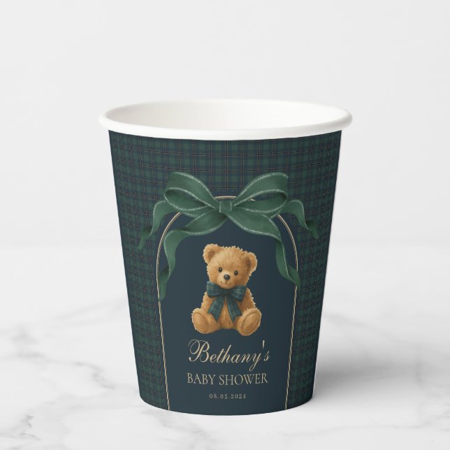 Preppy Polo Teddy Bear Green Navy Plaid Baby Boy Pappbecher (Rückseite)