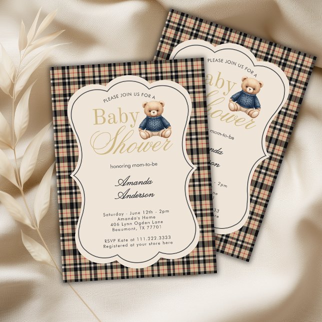 Preppy Polo Teddy Bear Luxury Beige Baby Shower Einladung (Von Creator hochgeladen)