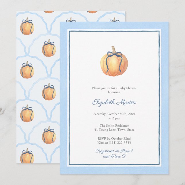 Preppy Pumpkin mit Blue Bow Babydusche für Jungen Einladung (Vorne/Hinten)
