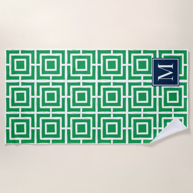 Preppy Quadratgitter-Monogramm – Grün & Navy Strandtuch (Vorderseite)