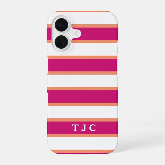 Preppy Raspberry Pink Stripe Monogram iPhone 16 Hülle (Rückseite)